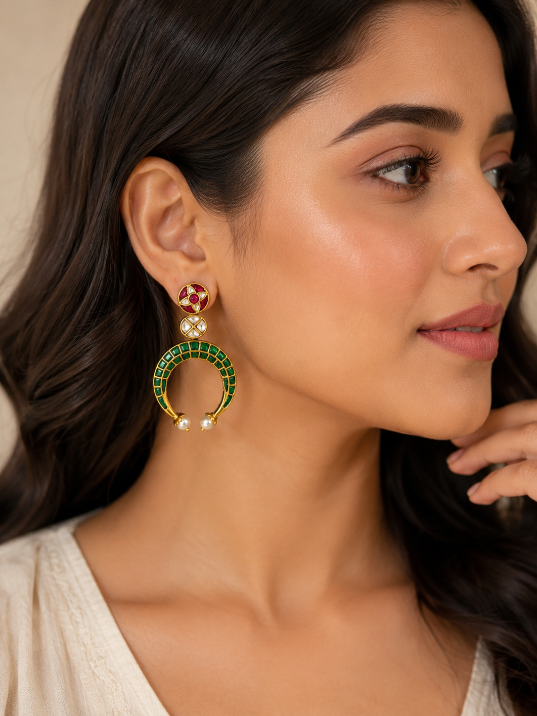 Emerald Crescent Pearl Drop Earrings