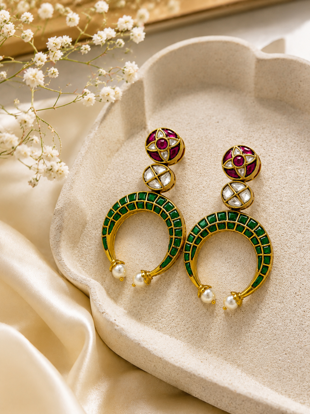 Emerald Crescent Pearl Drop Earrings