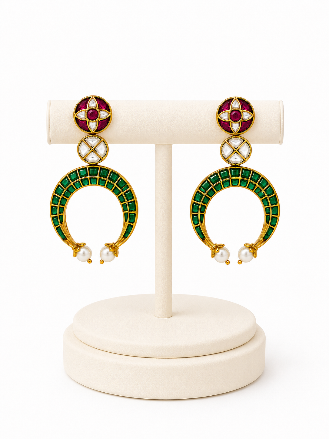 Emerald Crescent Pearl Drop Earrings
